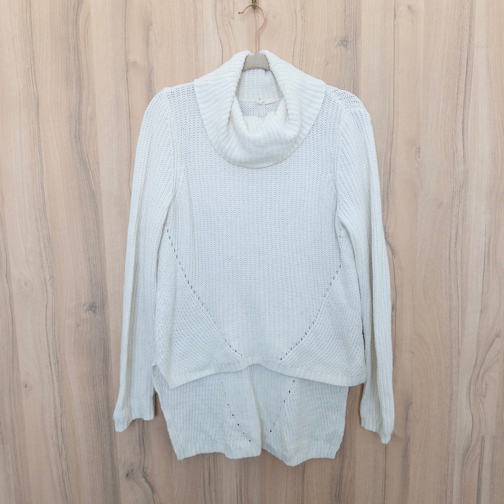Anthropologie Moth Wool Blend Sweater M White Cowl Neck Pointelle Knit Cottage